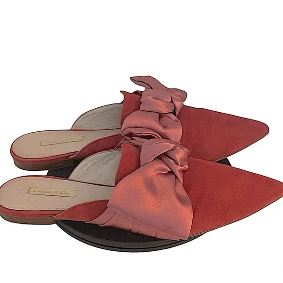 Louise et Cie Cela Bow Mule Red Suede Pink Textile Bow Holiday Festive Size 9.5 - Picture 3 of 10